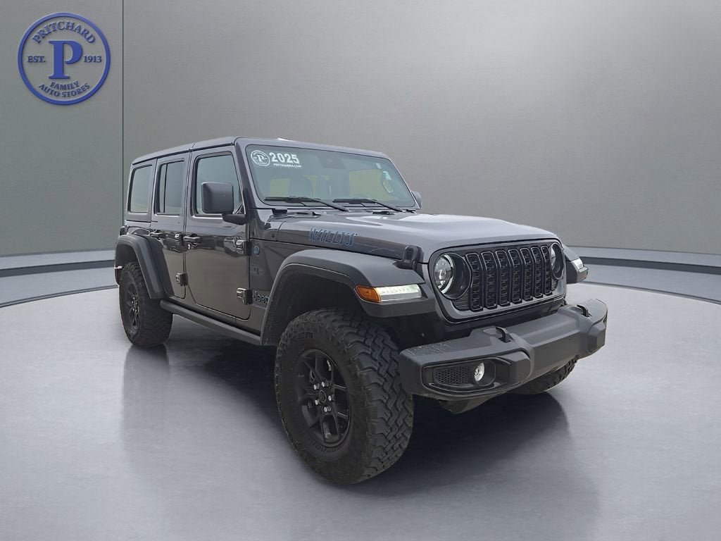 2025 Jeep Wrangler 4xe Willys in Silver — front three-quarter view